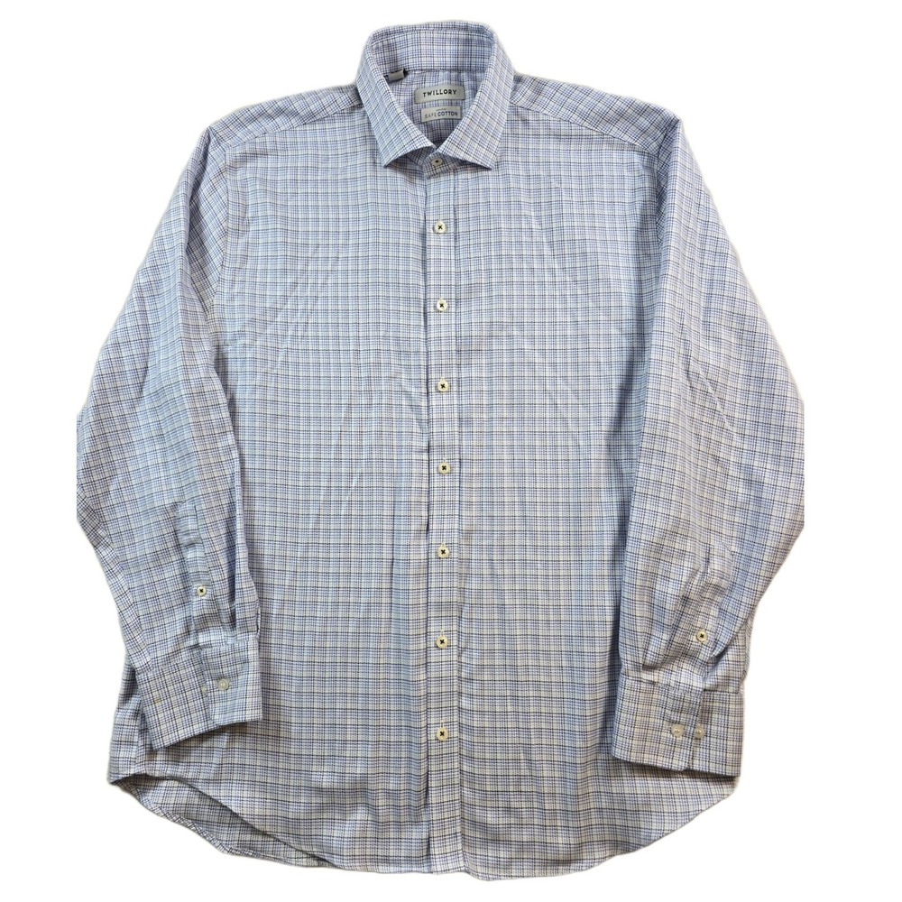 Twillory Dress Shirt Mens 17.5 34/35 Blue White Check Safe Cotton Tailored Fit